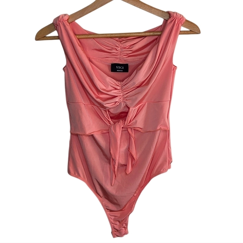 Vici Coral Peach Ruched Tie Front Off the Shoulder Bodysuit Size Medium